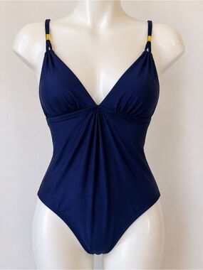 Helen Jon Navy Lace Up Back One Piece Swimsuit Small Gold Hardware Luxury Vaycay